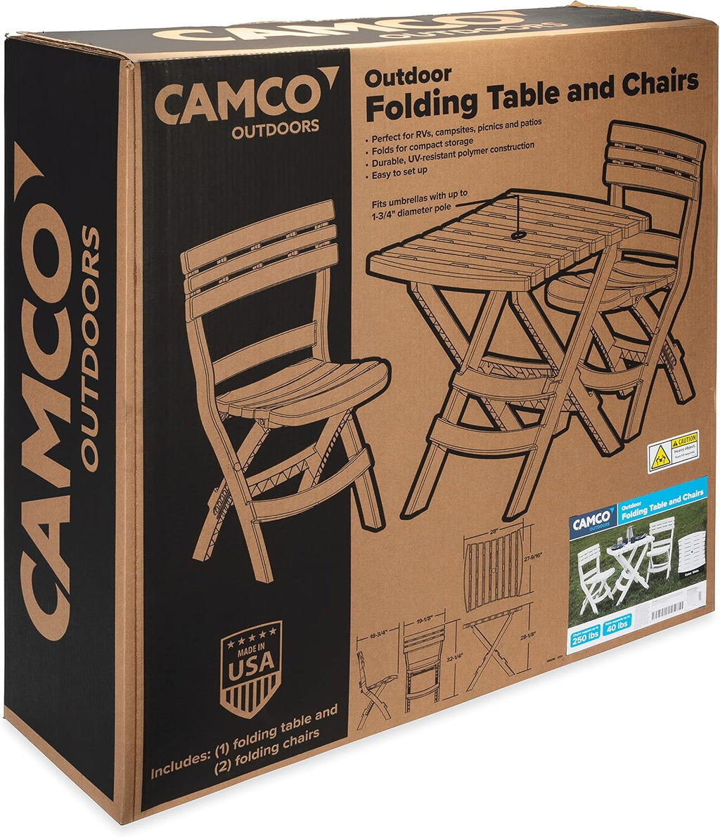 Camco Outdoor Table and Chair Set | Features Foldable Design for Compact RV Storage and Organization | Great for Camping, Events, Patios, and More | No-Tool Assembly | 3-Piece, White (51640)