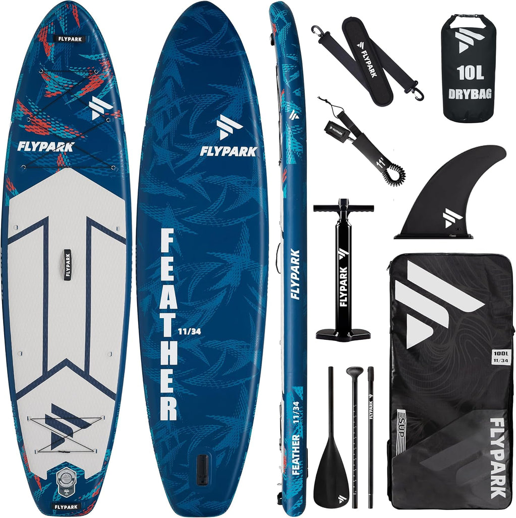 Flypark 11'x34 Inflatable Paddle Boards, Extra Wide SUP for 420lbs/3Adults, Yoga Stand Up Paddle Board, 110L Backpack, 15 D-Rings, Shoulder Strap, US-Fin, 2-Action Pump
