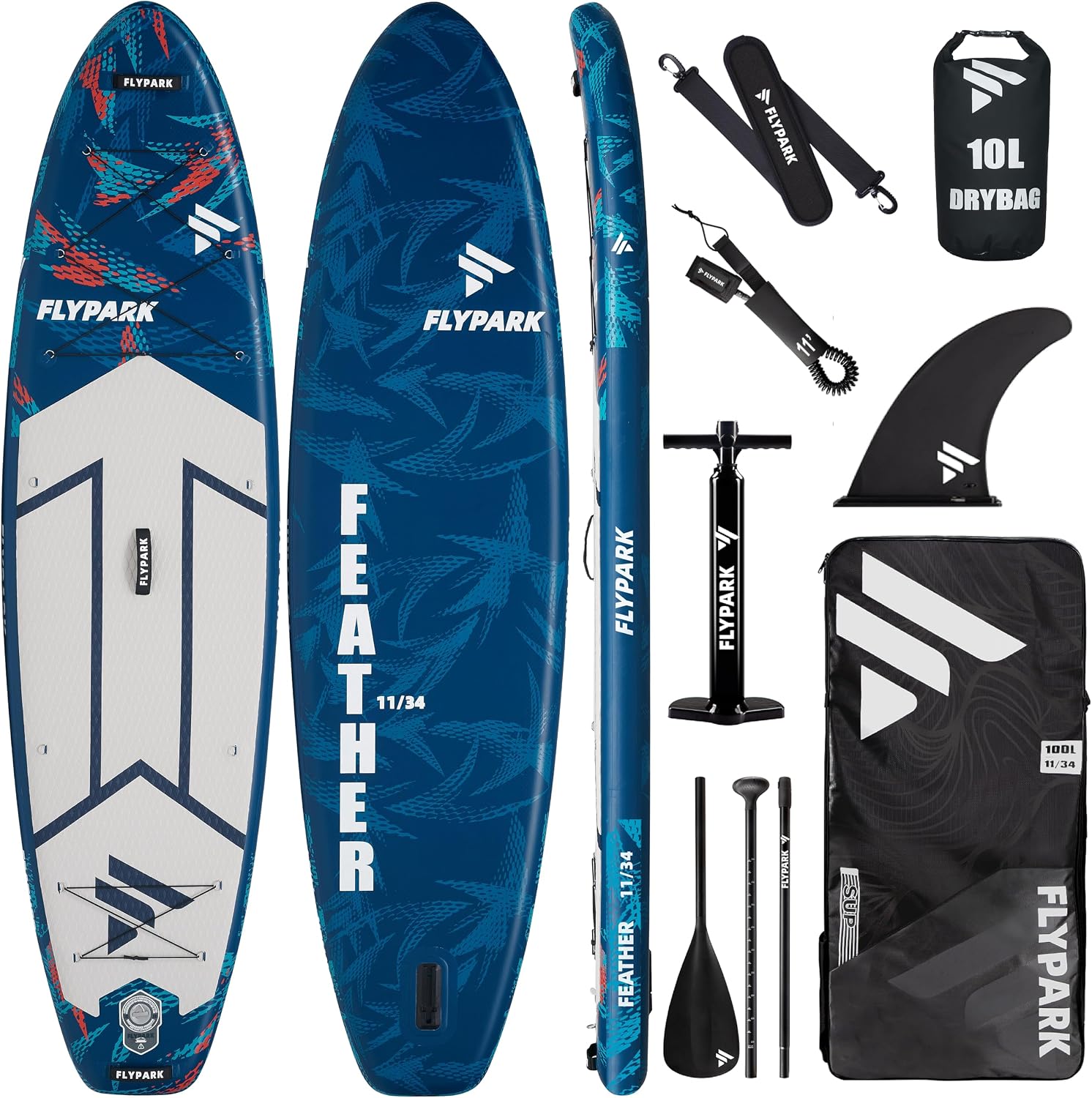 Flypark 11'x34 Inflatable Paddle Boards, Extra Wide SUP for 420lbs/3Adults, Yoga Stand Up Paddle Board, 110L Backpack, 15 D-Rings, Shoulder Strap, US-Fin, 2-Action Pump