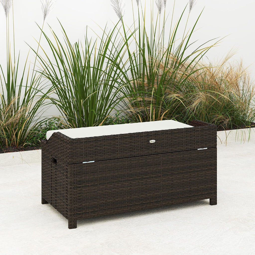 Outsunny 38 Gallon Outdoor Wicker Storage Bench Deck Box, PE Rattan Patio Furniture Pool Storage Bin Container with Interior Waterproof Cloth Bag and Comfortable Cushion, White