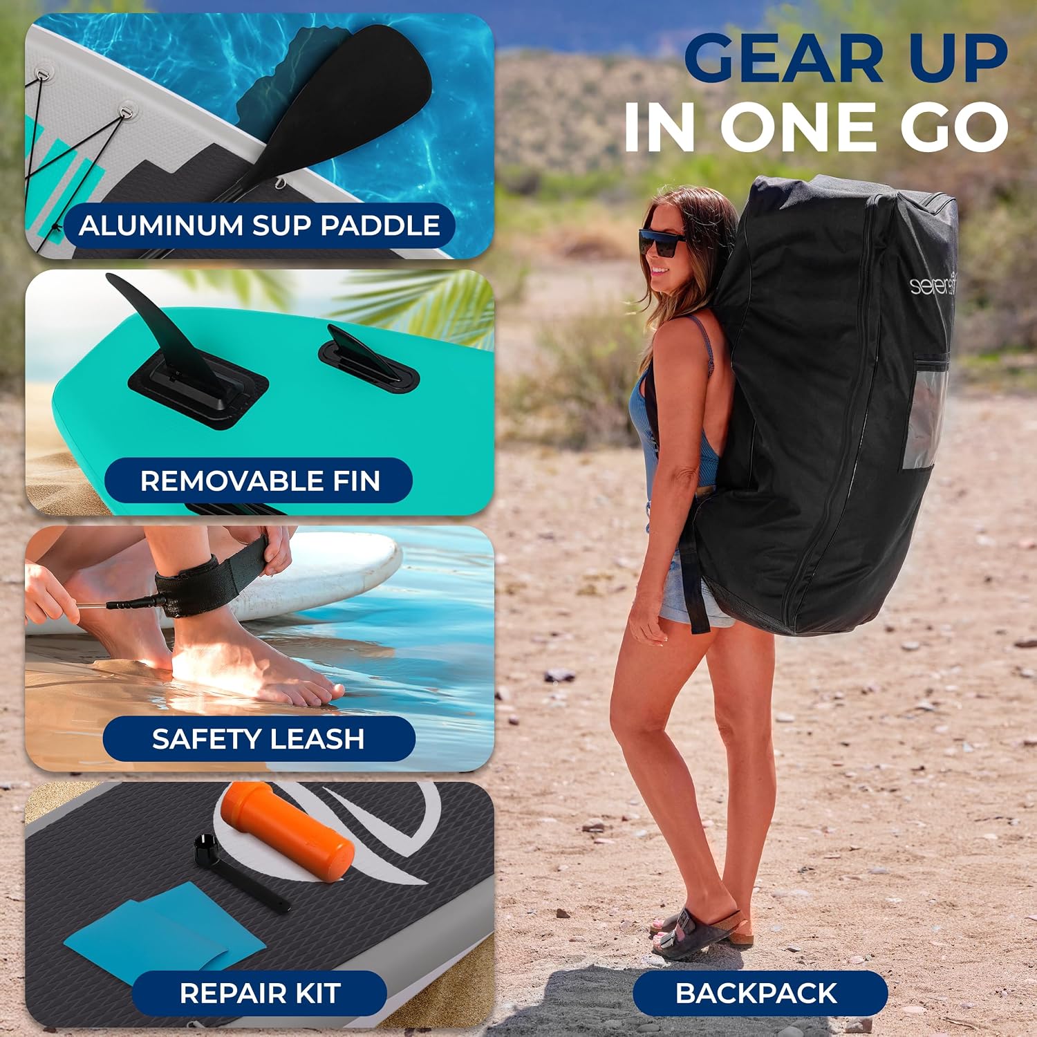 SereneLife Inflatable Stand Up Paddle Board with Premium SUP Accessories - Wide Stable Design with Non-Slip EVA Deck Pad