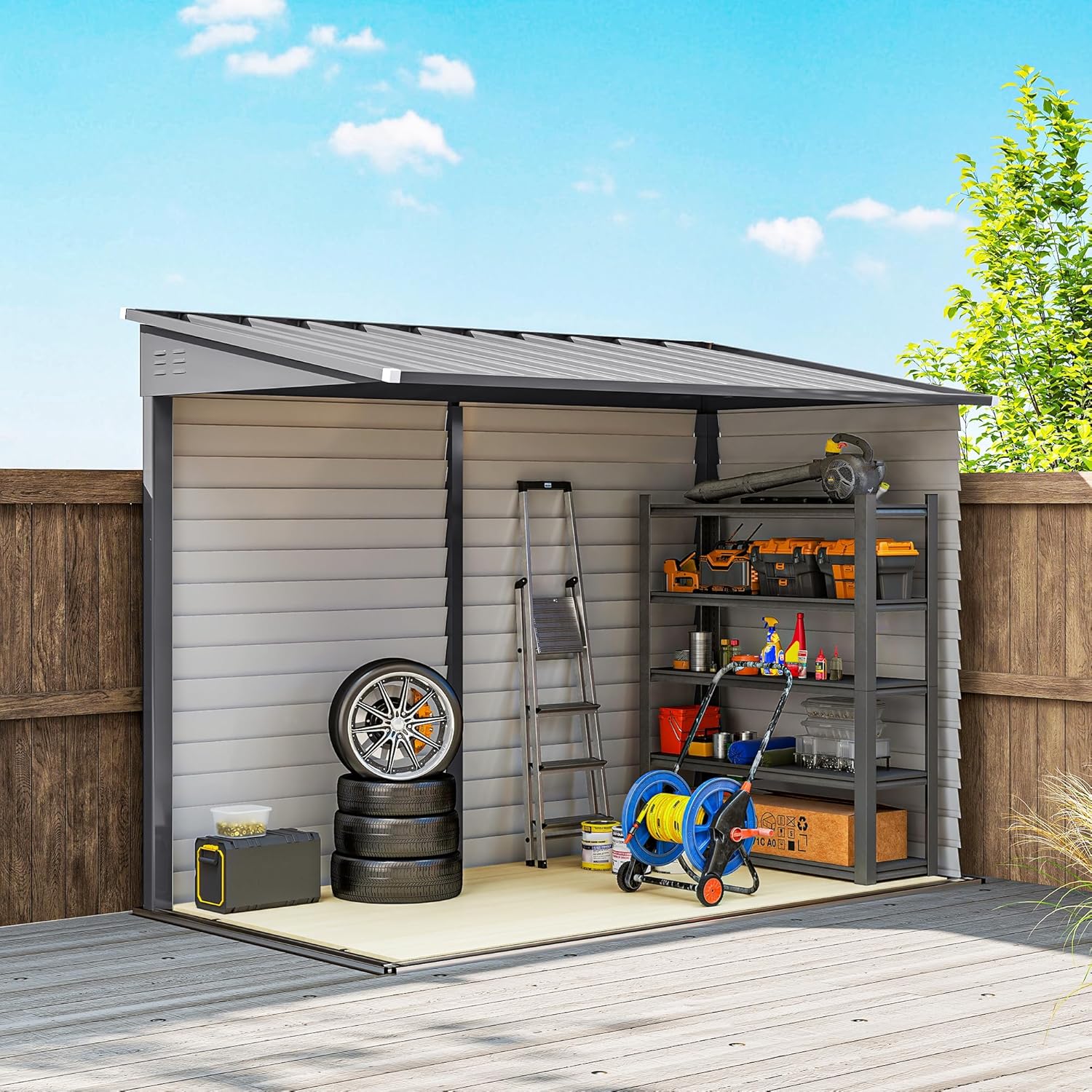 Outsunny 4.6' x 9' Steel Outdoor Storage Shed, Waterproof Lean to Shed, Metal Garden Tool House with Foundation Kit, Lockable Doors, Gloves and 2 Air Vents for Backyard, Patio, Lawn, Gray