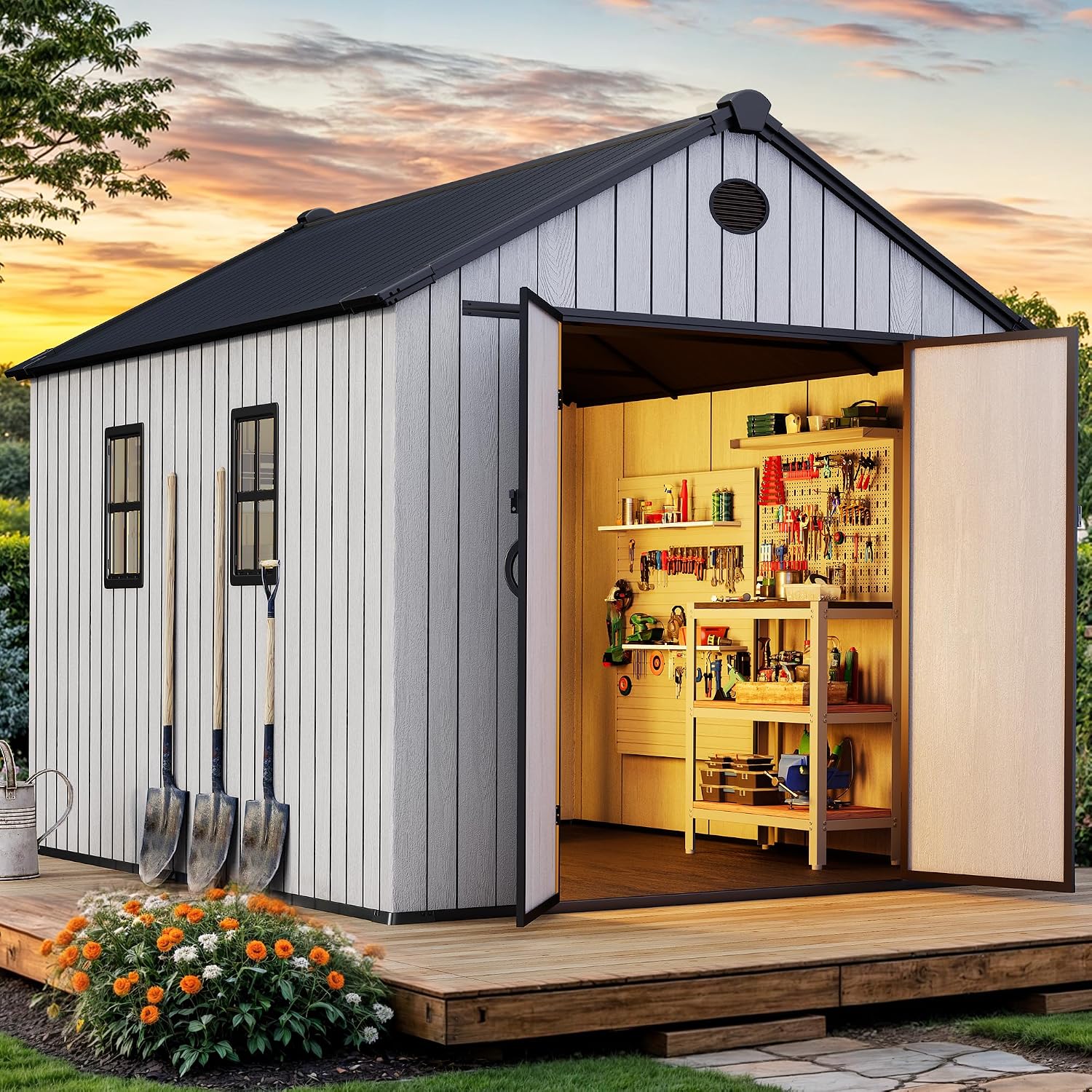 YITAHOME 8x10 FT Outdoor Storage Shed with Floor, Extra Thick Plastic Garden Shed for Bikes Tools Supplies, Waterproof Resin Shed with Lockable Doors, 2 Vision Windows & Vents for Patio, Gray