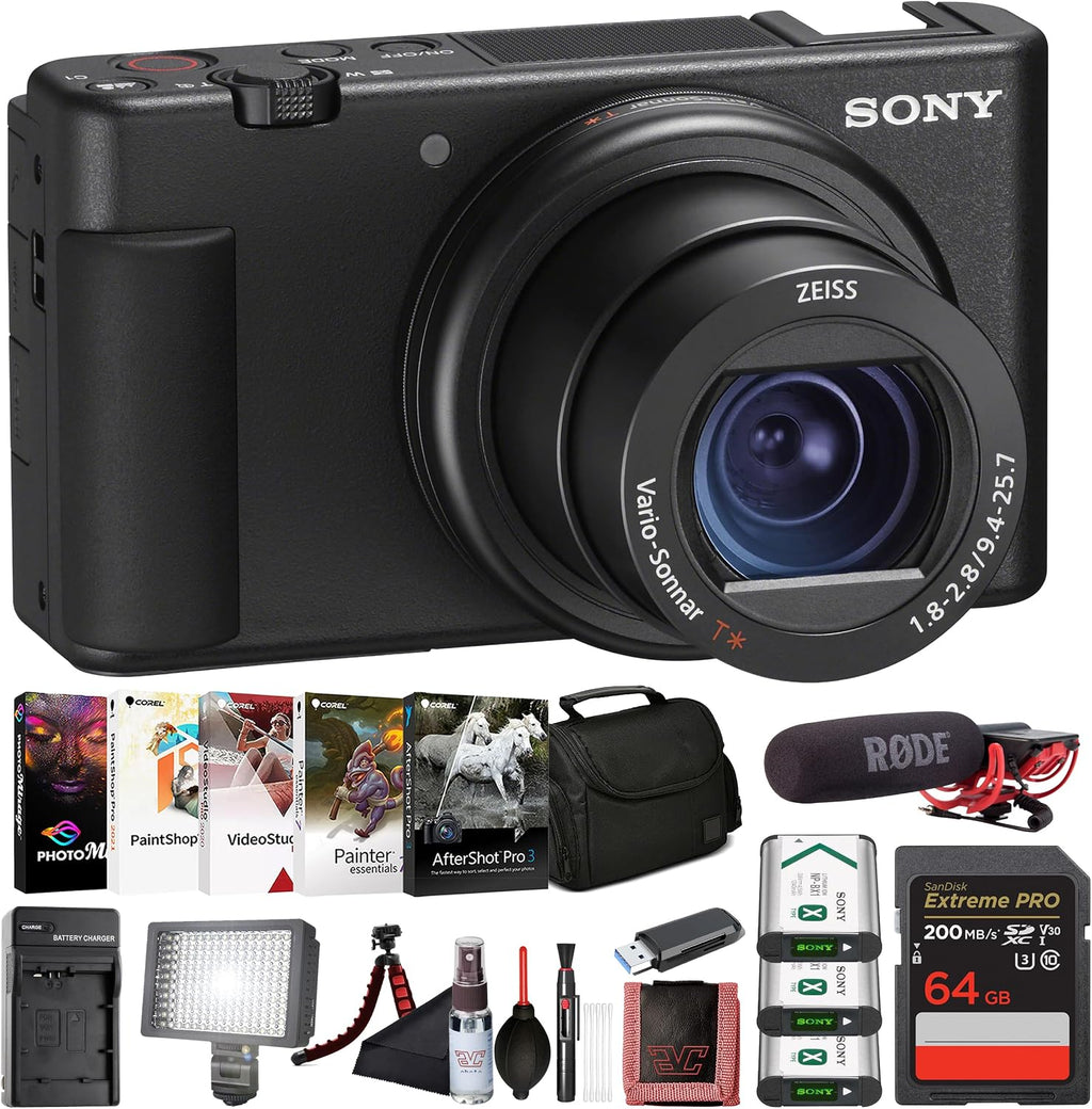 Sony ZV-1 Digital Vlogging Camera Black (DCZV1/B) – 20.1 MP 1' Sensor, 24–70 mm ZEISS Lens, 4K HDR Video, Flip Screen w/ 64GB Card, Photo Software, 2 x NP-BX1 Battery, Card Reader and More