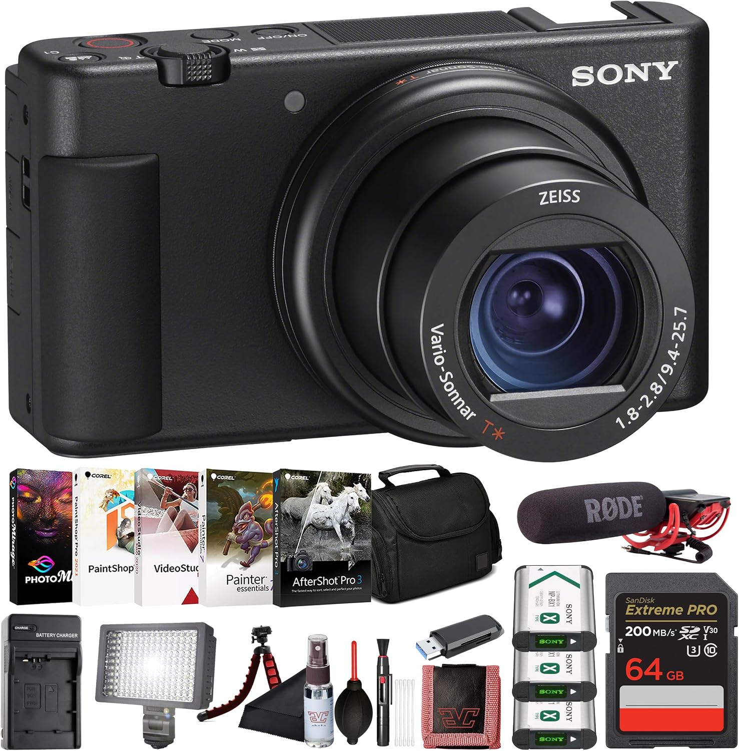 Sony ZV-1 Digital Vlogging Camera Black (DCZV1/B) – 20.1 MP 1' Sensor, 24–70 mm ZEISS Lens, 4K HDR Video, Flip Screen w/ 64GB Card, Photo Software, 2 x NP-BX1 Battery, Card Reader and More