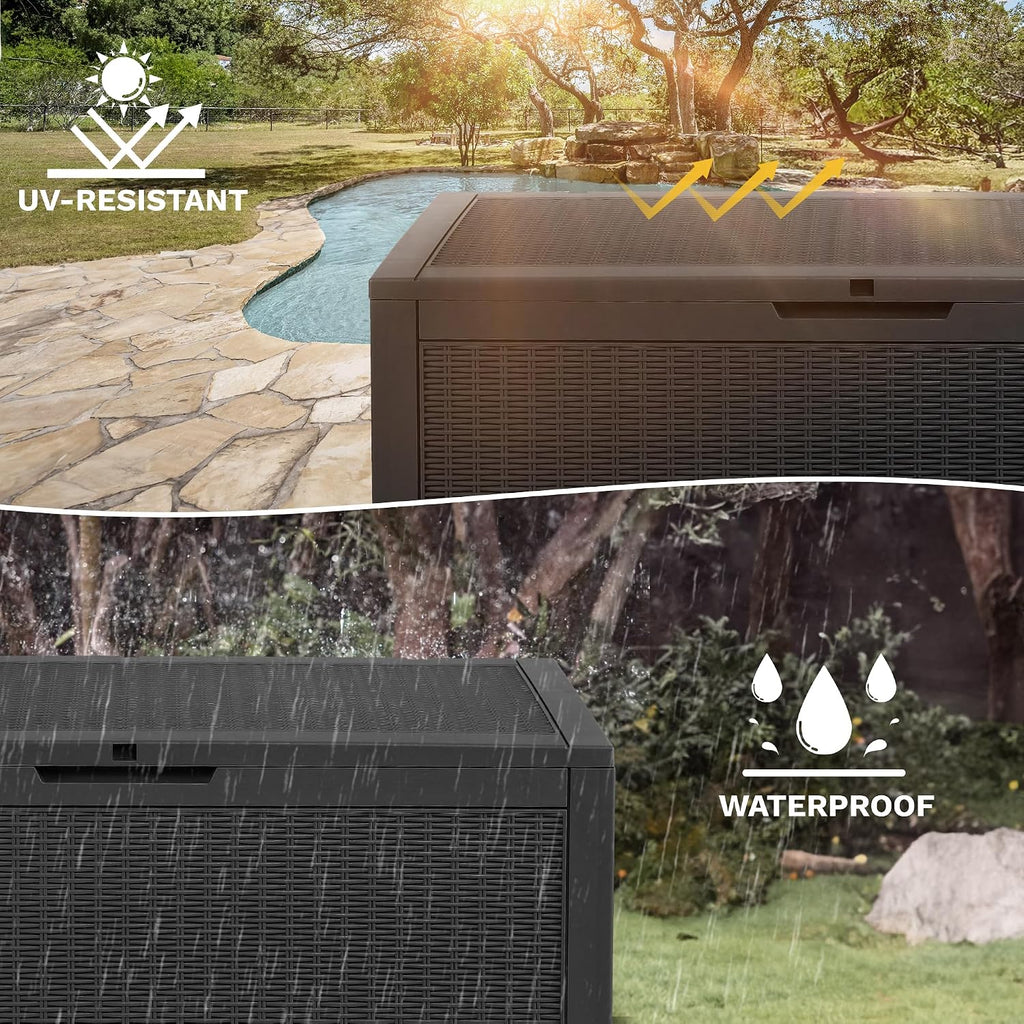 DWVO 100 Gallon Outdoor Storage Box, Lockable Water Resistant Deck Box for Patio, Essentials, Tools, Supplies - Black
