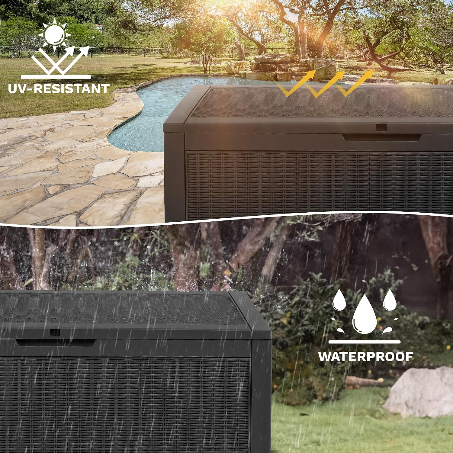 DWVO 100 Gallon Outdoor Storage Box, Lockable Water Resistant Deck Box for Patio, Essentials, Tools, Supplies - Black