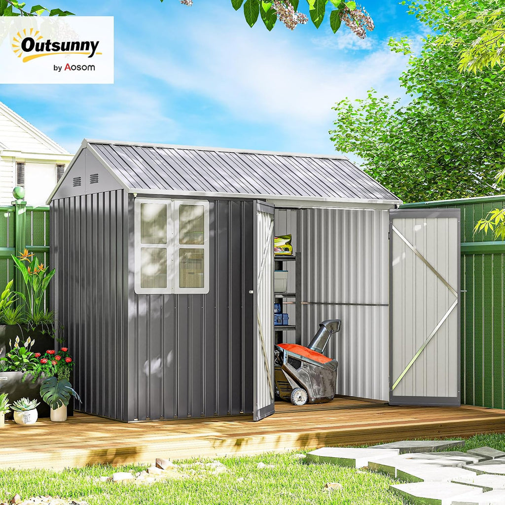 Outsunny 8' x 5.5' Outdoor Storage Shed, Metal Garden Shed with Window & Double Lockable Door, Outdoor Tool Shed Storage with Sloped Roof for Backyard, Patio, Garage, Lawn, Gray