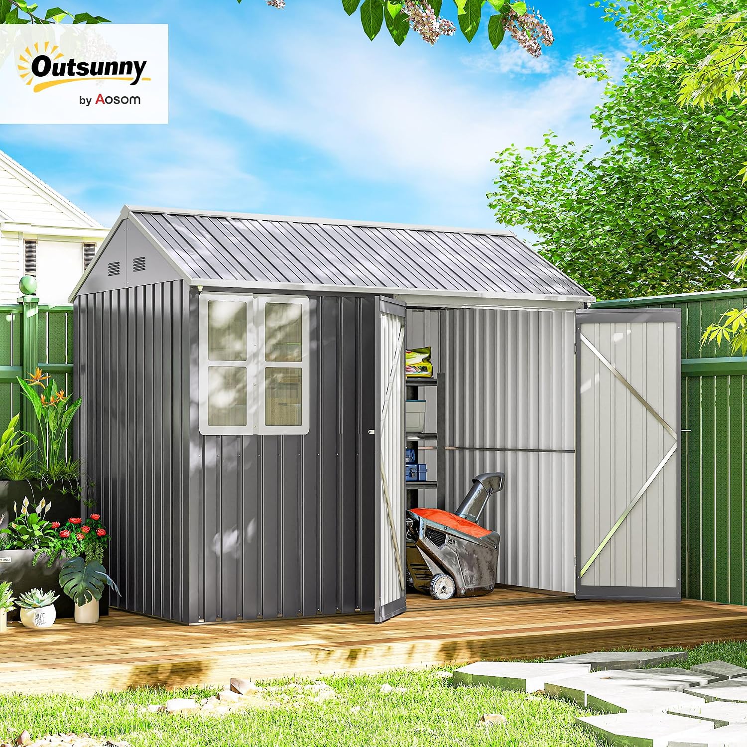 Outsunny 8' x 5.5' Outdoor Storage Shed, Metal Garden Shed with Window & Double Lockable Door, Outdoor Tool Shed Storage with Sloped Roof for Backyard, Patio, Garage, Lawn, Gray