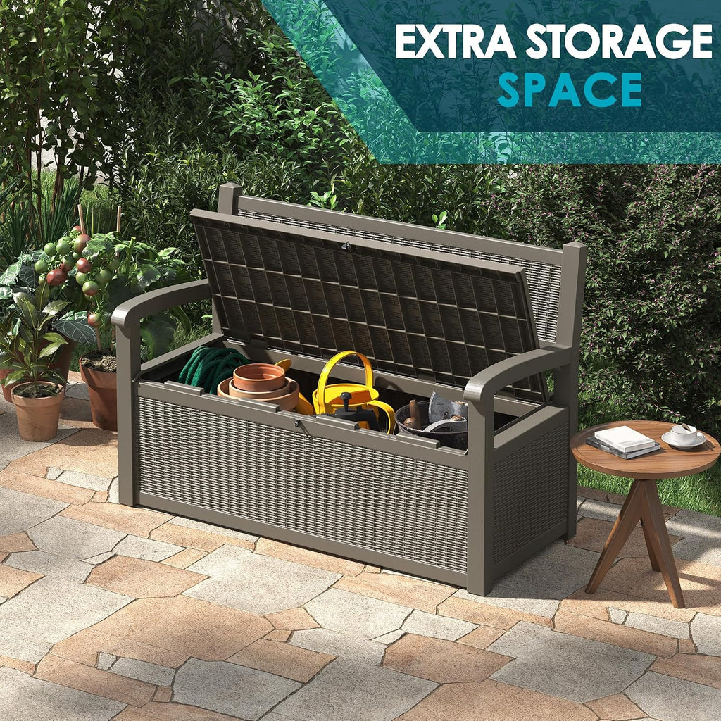 LHBGO 70 Gallon Storage Bench Deck Box for Patio Furniture with Armrest Bench Outdoor Storage