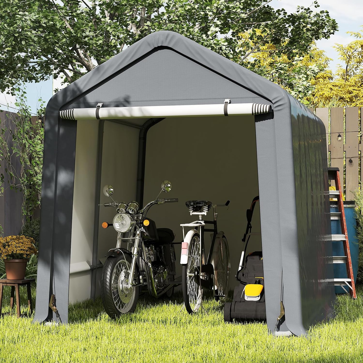 Tangkula 8x6.5Ft Portable Shed, Outdoor Storage Shelter with Waterproof Cover & Roll-up Zipper Door, Ratchet Strap, Heavy Duty Portable Storage Tents for Outside, Bikes, Garden Tools, Motorcycles