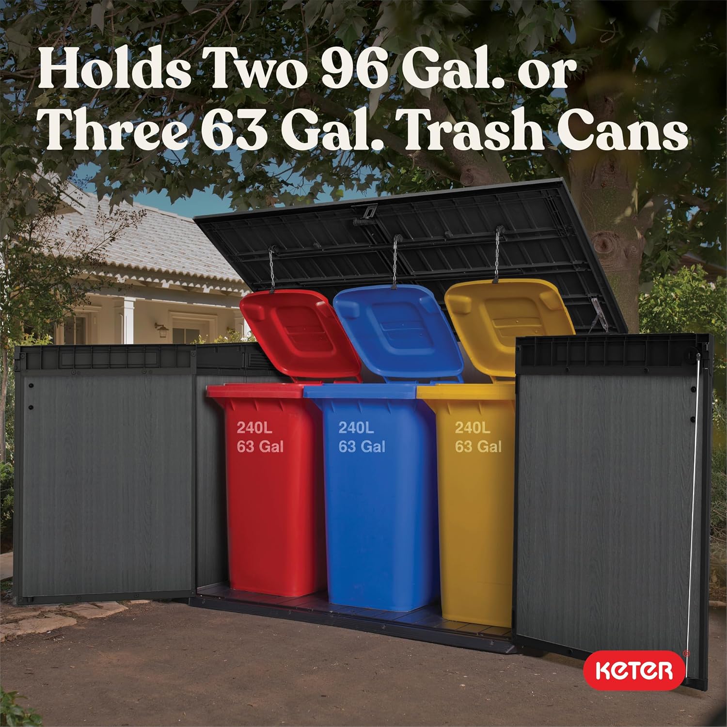 Keter Cortina Mega All‑Weather Outdoor Resin Horizontal Storage Shed with Lockable Doors, Garbage Bin & Yard Equipment Storage, Durable Patio Storage Cabinet, Graphite