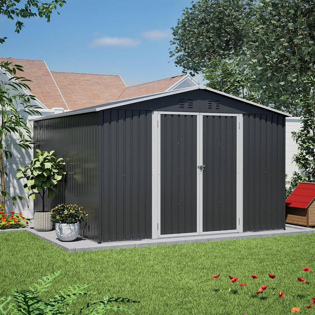 YOPTO 10x10 FT Outdoor Storage Shed,Large Metal Tool Sheds with Updated Frame Structure and Lockable Doors, Garden Shed for Backyard Patio Lawn, Black