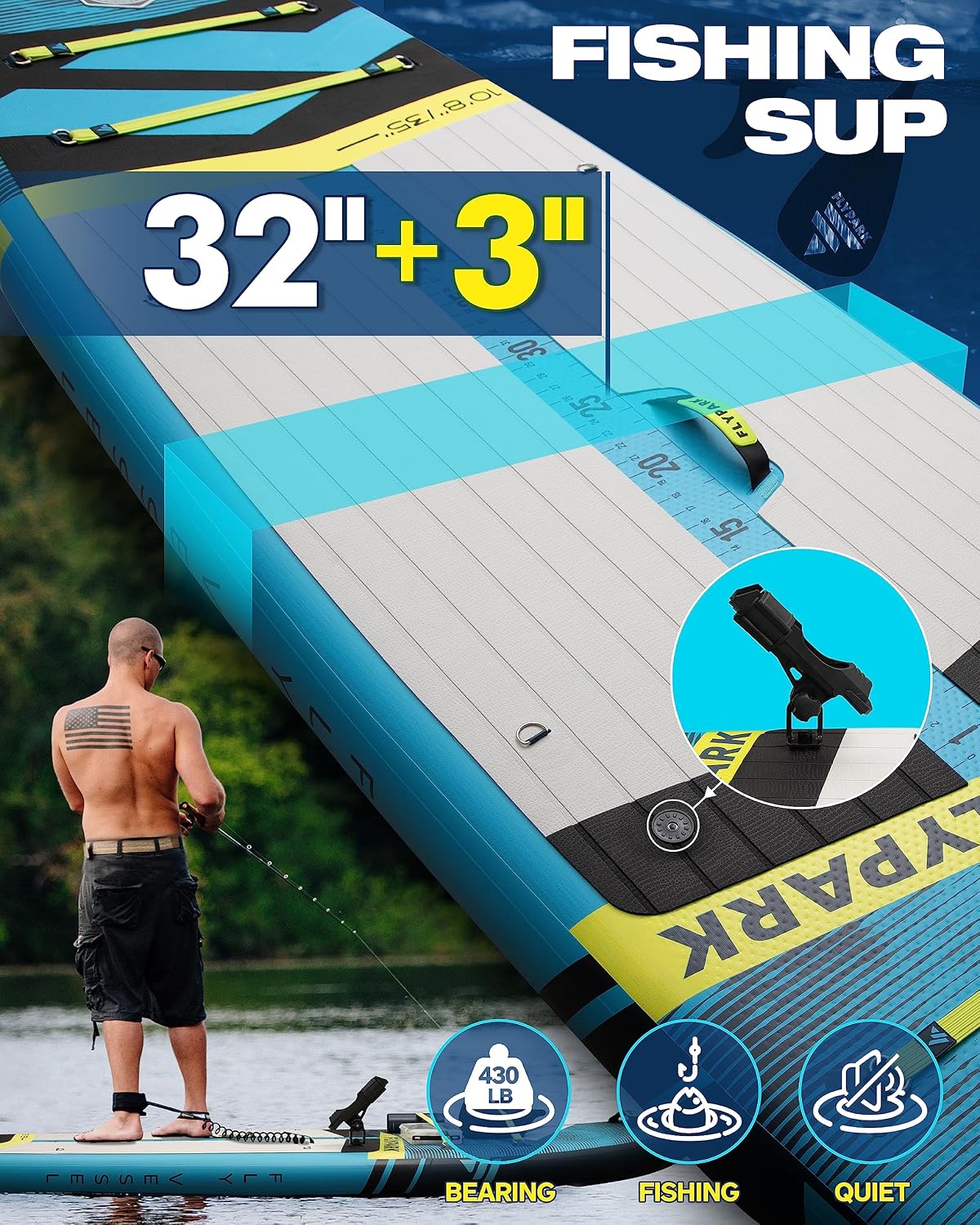 Flypark 10'8/11'x35'' Fishing&Family Stable Inflatable Paddle Boards, Extra Wide SUP Paddleboard Inflatable, 430lb/3 People, Stand Up Paddle Board for Adults, Camera Mount, Shoulder Strap, Rod Holder