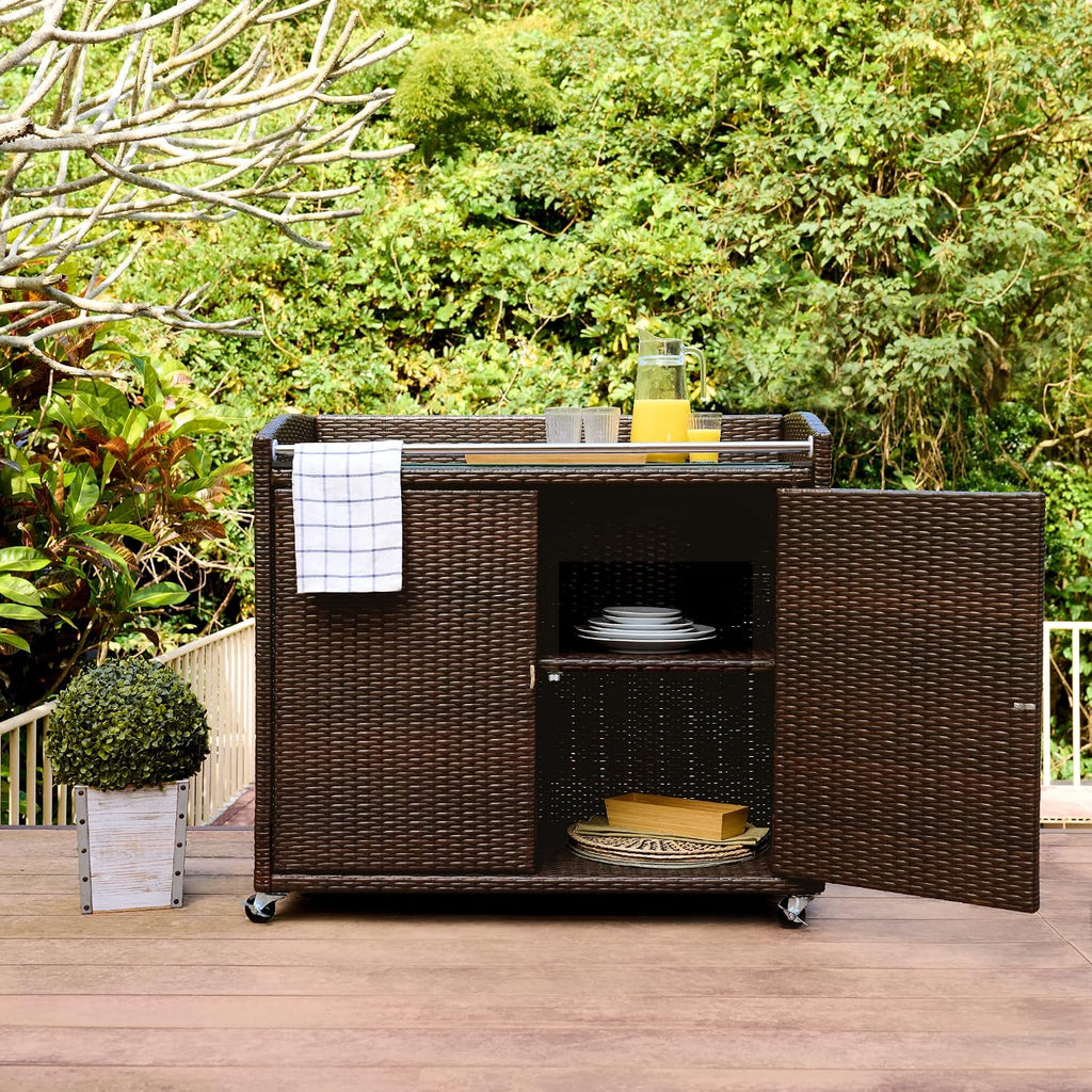 Teamson Home Veronica Outdoor Portable PE Rattan Serving Cart with Wheels, Brown