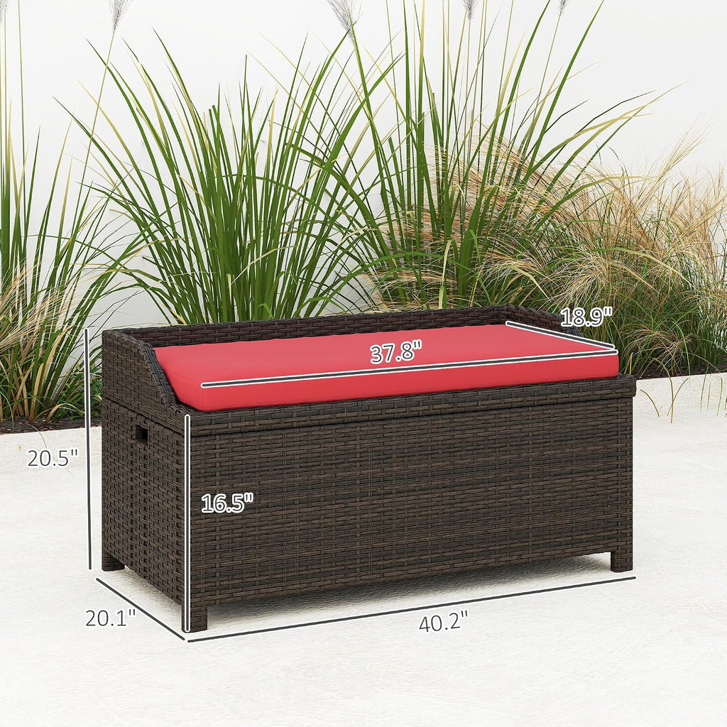 Outsunny 34 Gallon Outdoor Wicker Storage Bench Deck Box, PE Rattan Patio Furniture Pool Storage Bin Container with Interior Waterproof Cloth Bag and Comfortable Cushion, Red