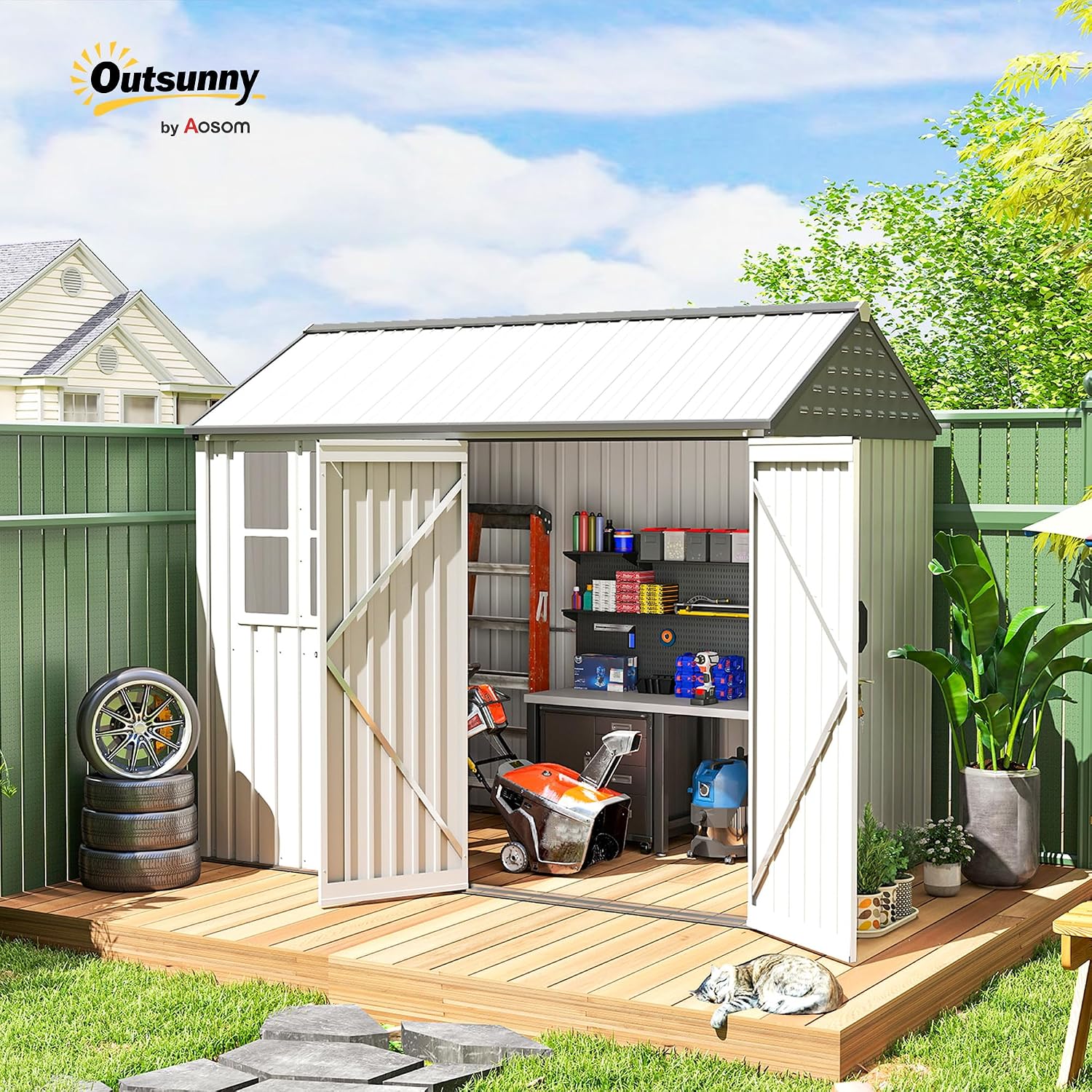Outsunny 8' x 6' Outdoor Storage Shed, Metal Garden Shed with Window & Double Lockable Door, Outdoor Tool Shed Storage with Sloped Roof for Backyard, Patio, Garage, Lawn, White