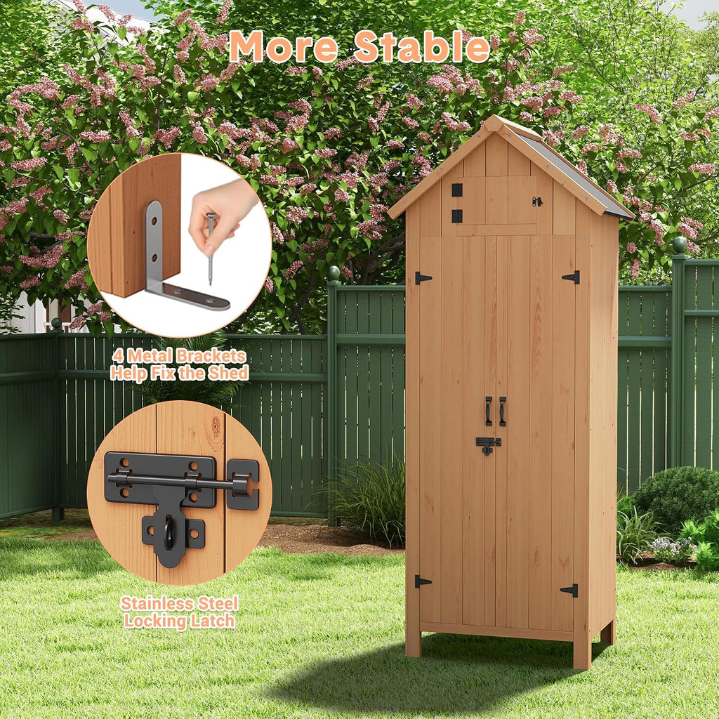 70in Tall Outdoor Storage Shed, Waterproof Wooden Garden Tool Shed with 4 Shelves and Lockable Doors, Vertical Outdoor Storage Cabinet for Patio Yard Lawn