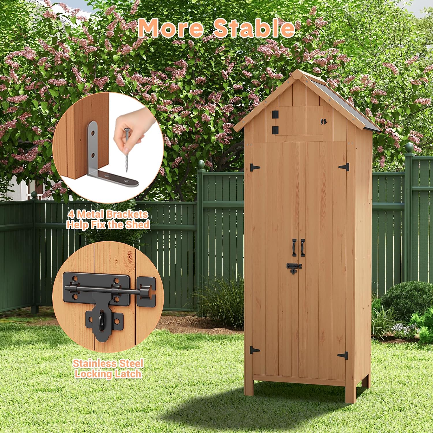 70in Tall Outdoor Storage Shed, Waterproof Wooden Garden Tool Shed with 4 Shelves and Lockable Doors, Vertical Outdoor Storage Cabinet for Patio Yard Lawn