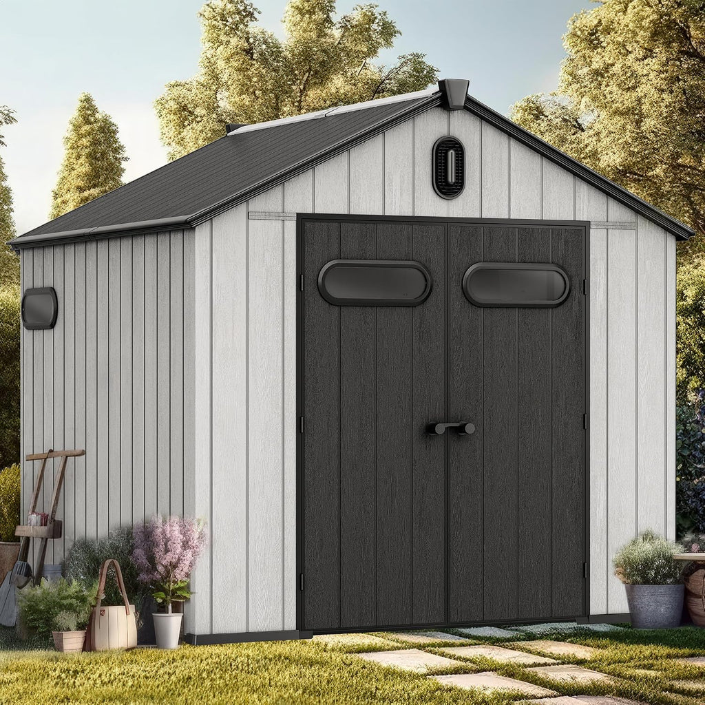 YITAHOME 8x8ft Outdoor Storage Shed with Floor, 427 cuft Waterproof Plastic Garden Shed with Lockable Door, Windows & Vents, Plastic Tool Storage for Patio Furniture, Lawn Mower, Bike Storage, Gray