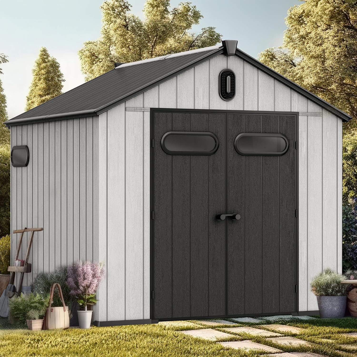 YITAHOME 8x8ft Outdoor Storage Shed with Floor, 427 cuft Waterproof Plastic Garden Shed with Lockable Door, Windows & Vents, Plastic Tool Storage for Patio Furniture, Lawn Mower, Bike Storage, Gray