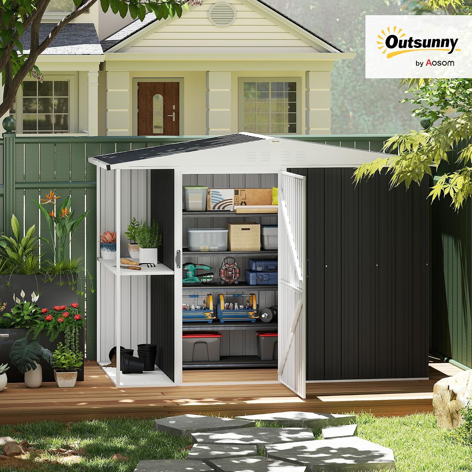 Outsunny 8 x 4ft Outdoor Storage Shed with Lock, 2-Tier Storage Rack, Air Vents, Garden Tool Shed for Backyard, Patio, Lawn, Dark Gray