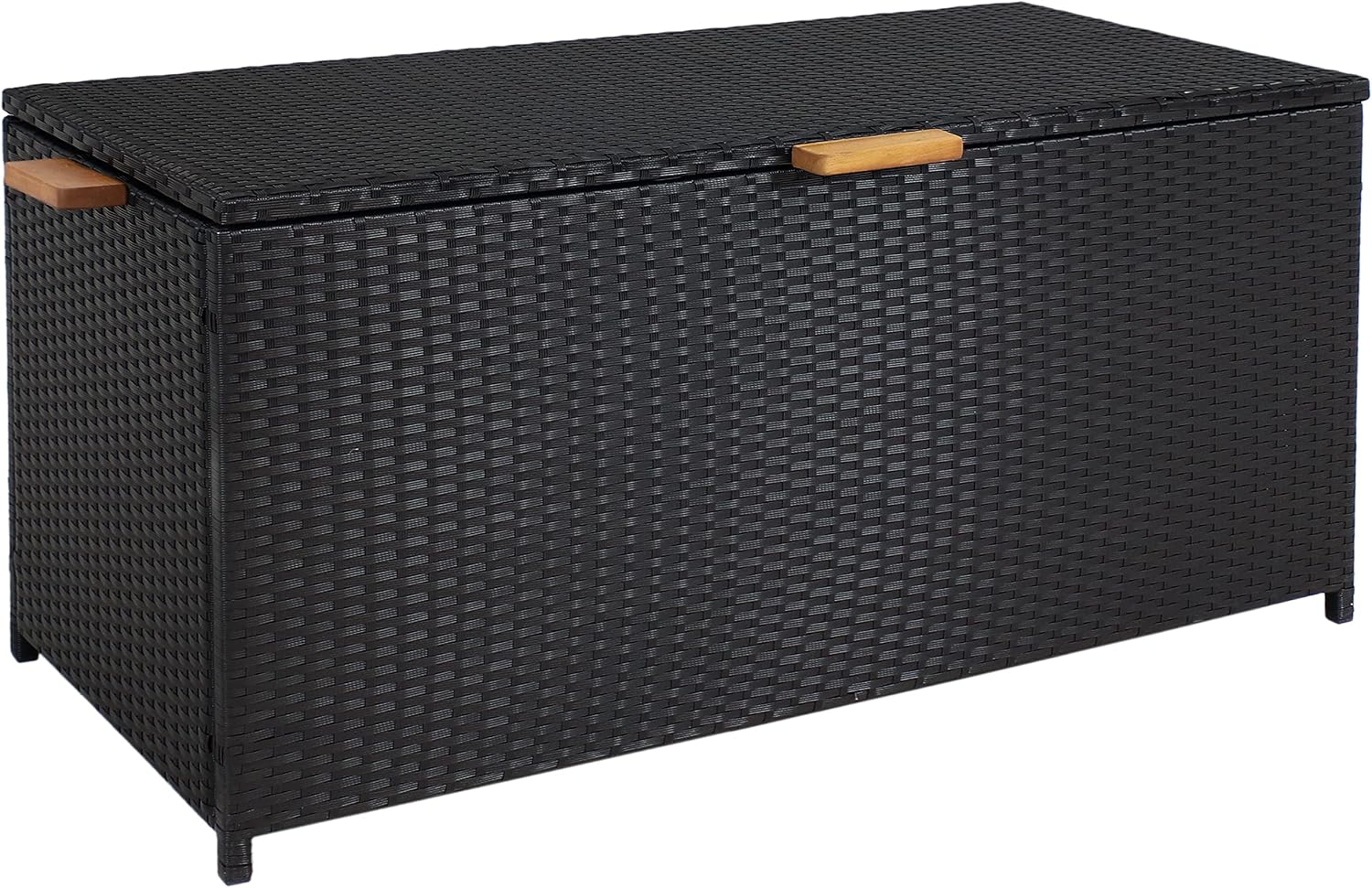 Sunnydaze Faux Wicker Storage Box - Outdoor Deck Box with Handles - 75-Gallon Front Door Package Delivery Box with Hinged Lid - Black