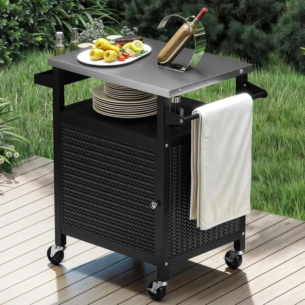 DWVO Outdoor Grill Table,Outdoor Kitchen Island with Stainless Steel Top and Wheels,Grilling Cart for Kitchen Prep,BBQ,Grilling Accessories