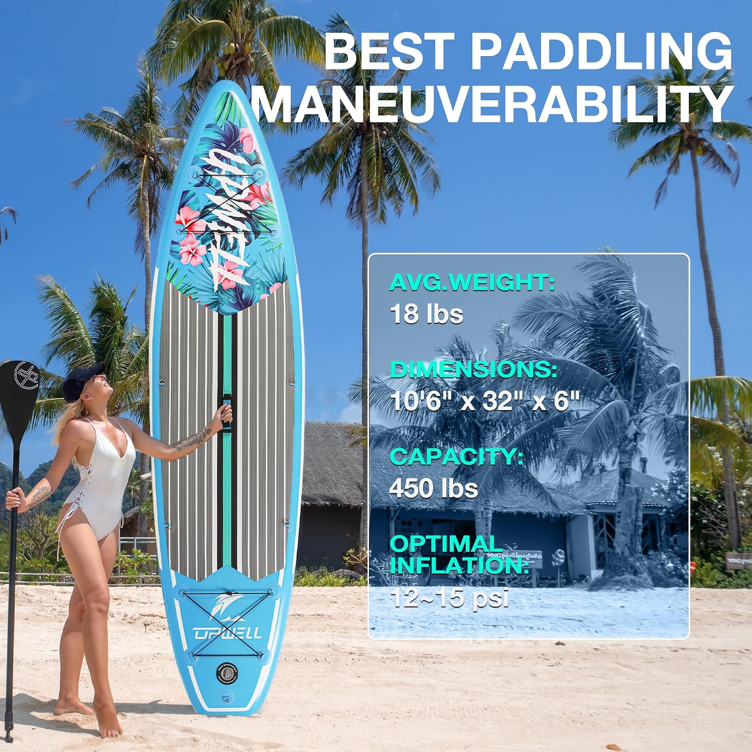 UPWELL 10'6'/11'/11'6' Inflatable Paddle Board, Stand Up Paddlboard for Youth & Adults, Stable Design, Premium SUP Accessories, Backpack, Leash, Hand Pump, Fins