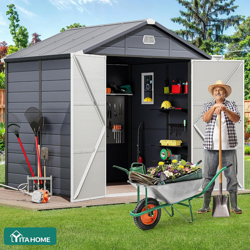 YITAHOME 8x6.2FT Outdoor Storage Shed w/o Floor, All-Weather Plastic Shed with Lockable Doors, Window & Vents, Plastic Tool Shed for Backyard, Patio, Poolside, Lawn, Gray