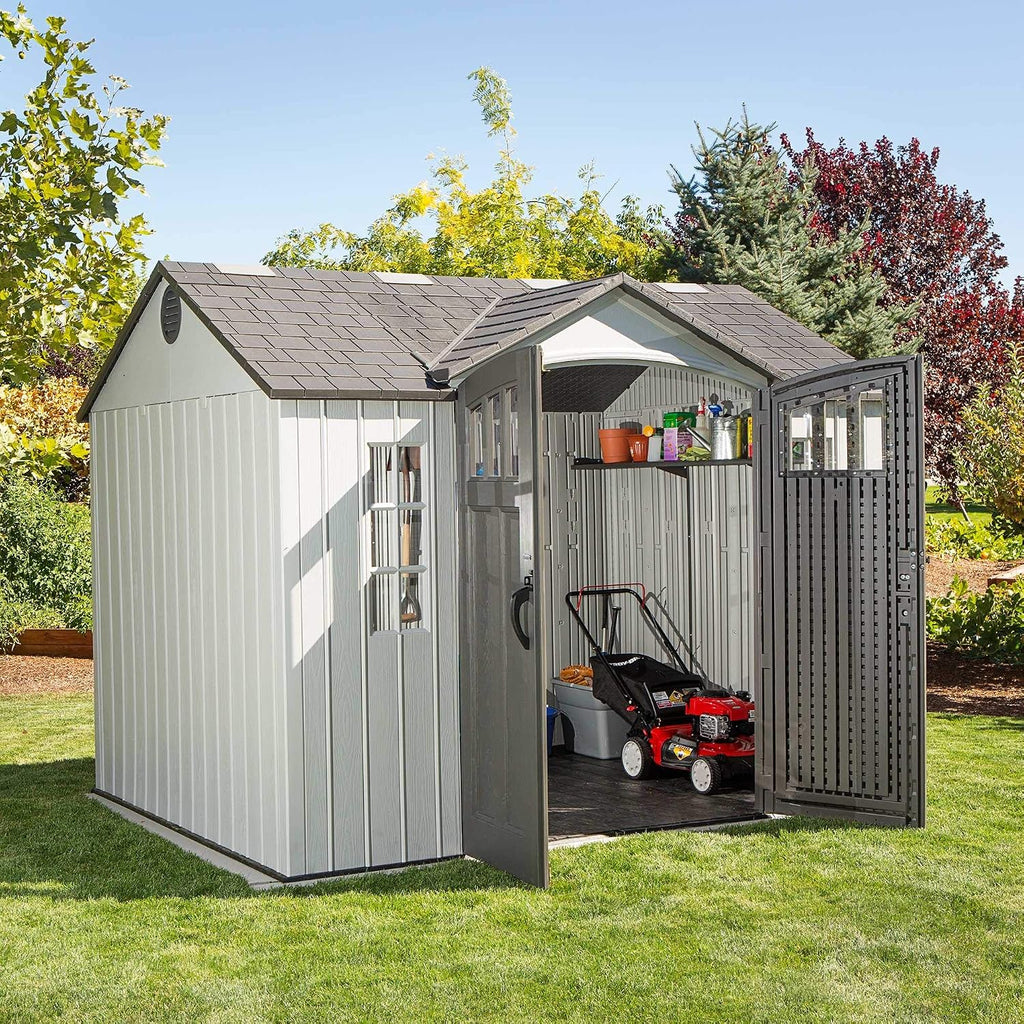 Lifetime 10×8 Ft. Outdoor Storage Shed, Dual‑Wall HDPE with Steel‑Reinforced Structure, Side‑Entry Doors with Windows, Skylight, Screened Vents, Adjustable Shelves, Slip‑Resistant Floor, UV‑Protected