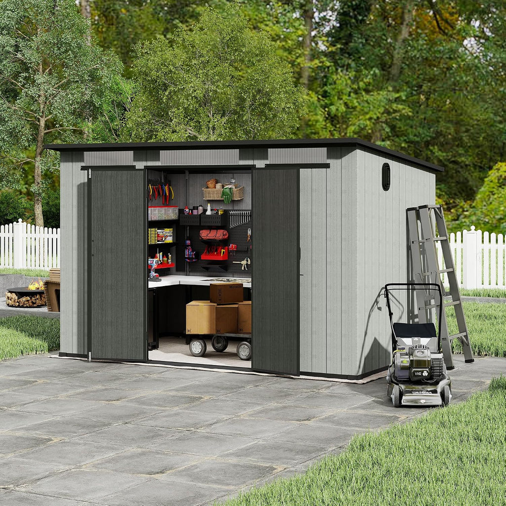 Domi 6x11FT Outdoor Storage Shed with Double Lockable Doors & Sloping Roof, Resin Storage Shed with Transparent Windows & Louvered Vents, Bike Storage Shed for Backyard, Patio, Lawn, Grey