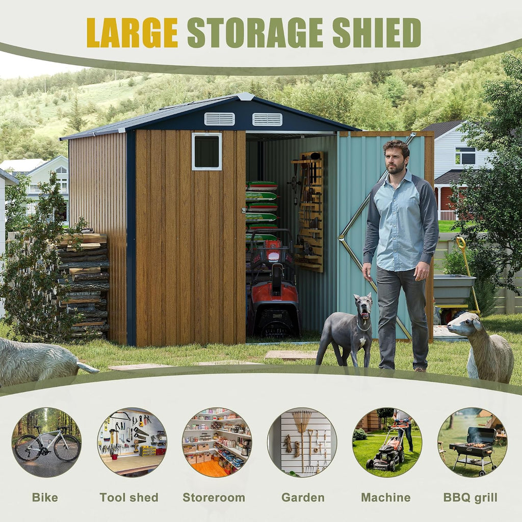 YOPTO 6x8 FT Sheds & Outdoor Storage,Steel Storage Shed with Lockable Doors and Window,Waterproof Garden Shed w/Roof Slope Design & Weather Versatility,Tool House for Storing Bicycles,Yellow