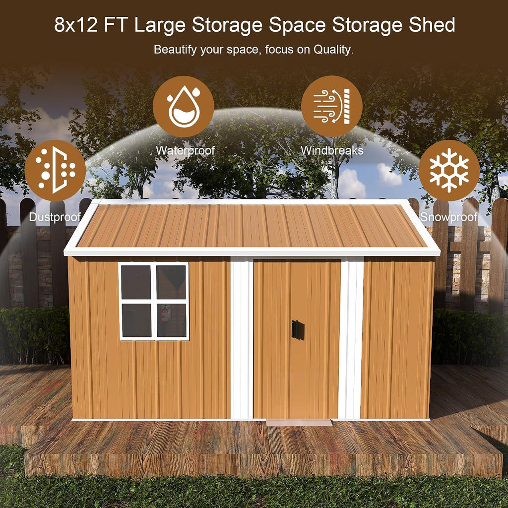 ZMAD 12x8 FT Heavy-Duty Metal Storage Shed with Doors, Windows & Ventilation - Weatherproof Outdoor Garden Shed for Backyard, Lawn and Tool Organization (8x12)