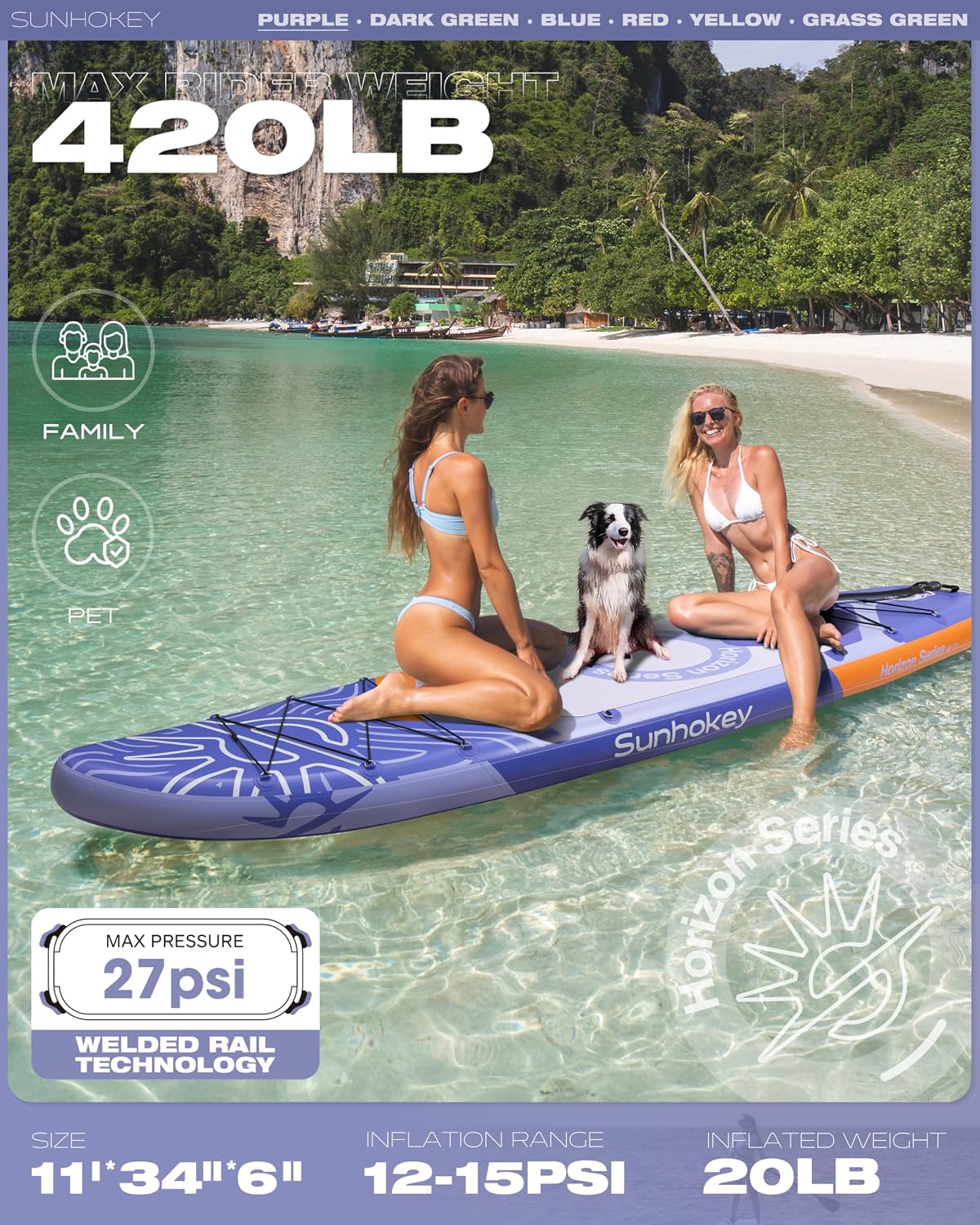 11'×34'' Extra Wide Inflatable Paddle Board with Seam Welded Technology, Stand Up Paddle Board, 420lb Capacity for Adults, Sup Board for All-Level with 2-Blade Paddle/Dual-Action Pump/Leash