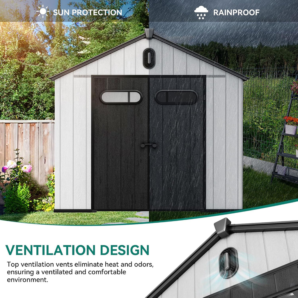YITAHOME 8x8ft Outdoor Plastic Storage Shed with Floor, Extra Thick Waterproof Garden Shed with Lockable Door, Oval Vision Windows &Vents, 16mm Heavy Duty Tool Storage for Patio, Lawn, Bikes, Gray