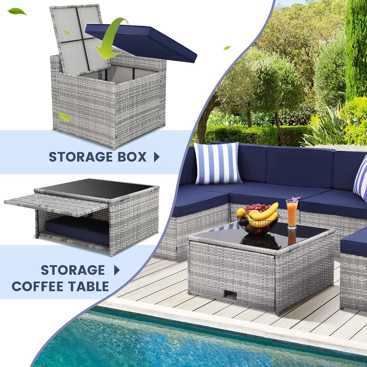 KROFEM 8-Piece Patio Furniture Set, Outdoor Wicker Rattan Sectional with Thick Cushions, Glass Top Table with Hidden Storage, Outdoor Conversation Set for Backyard, Porch, Patio, Blue