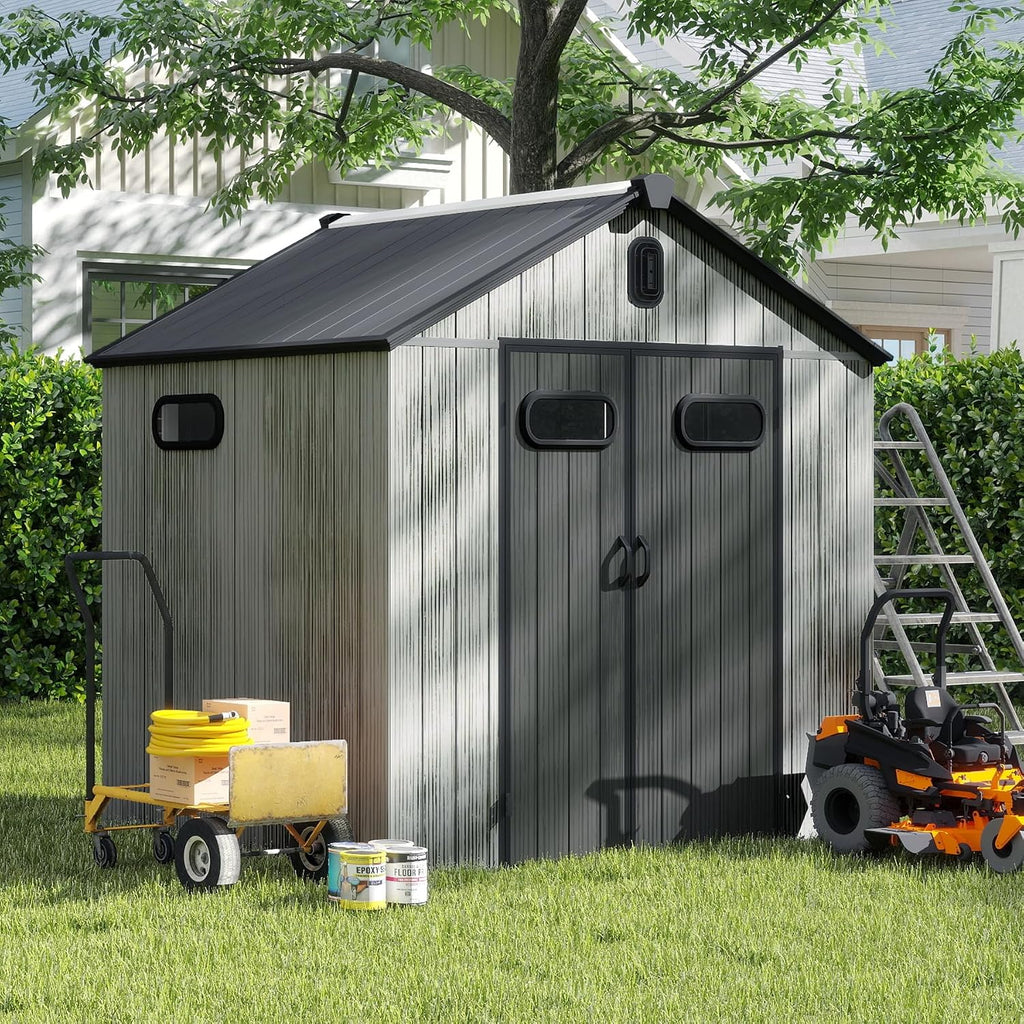 8X8FT Outdoor Resin Storage Shed, Waterproof Plastic Garden Shed with Lockable Door, Windows & Vents, Outside Storage Tool Shed for Patio Furniture, Lawn Mower, Bike