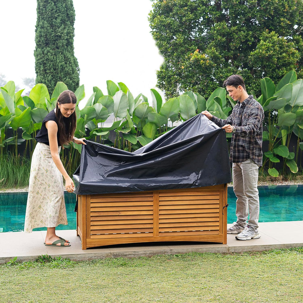 Cambridge Casual Arie Teak Outdoor Deck Storage Box with Waterproof Cover – 130 Gallon Wooden Patio Storage