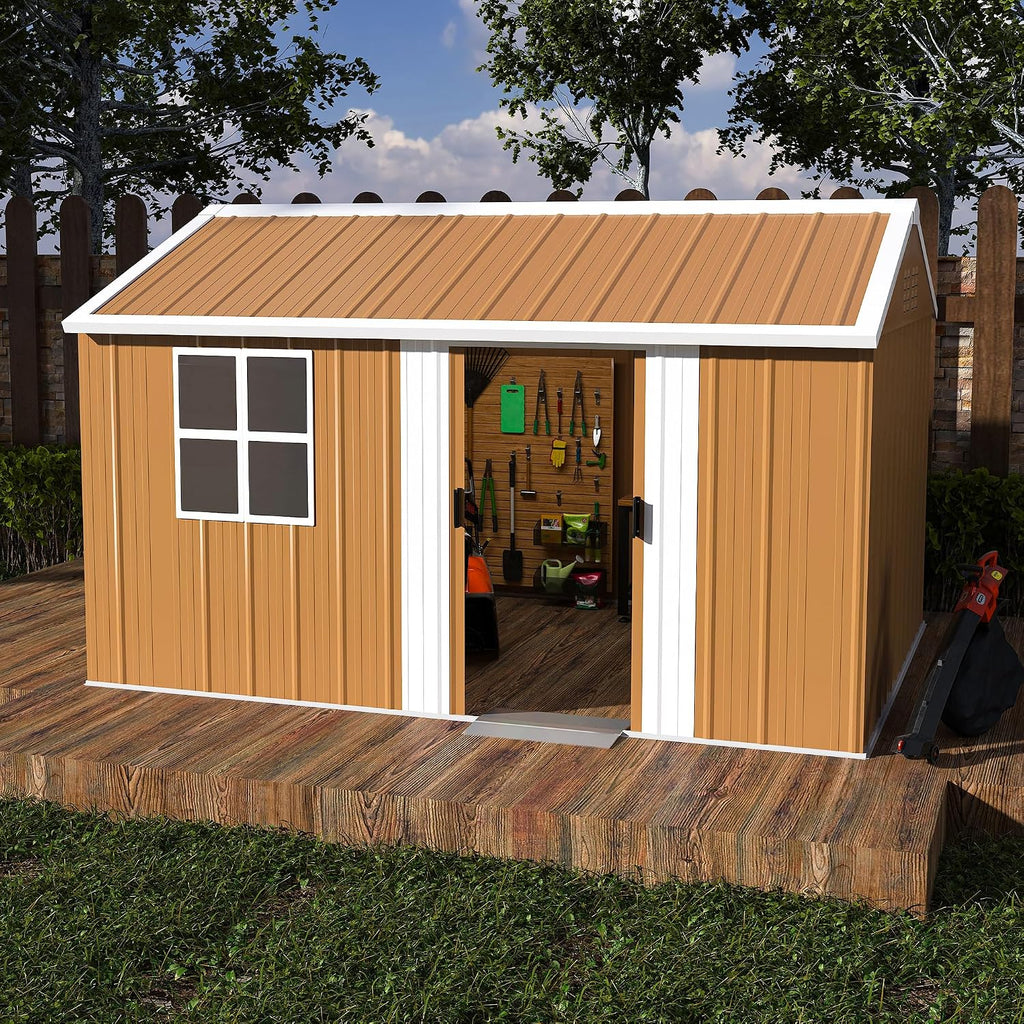 12x8 FT Heavy-Duty Metal Tool Shed with Windows, Lockable Door & Ventilation, Weatherproof Outdoor Garden Storage Shed for Backyard, Lawn, and Tool Organization, Brown