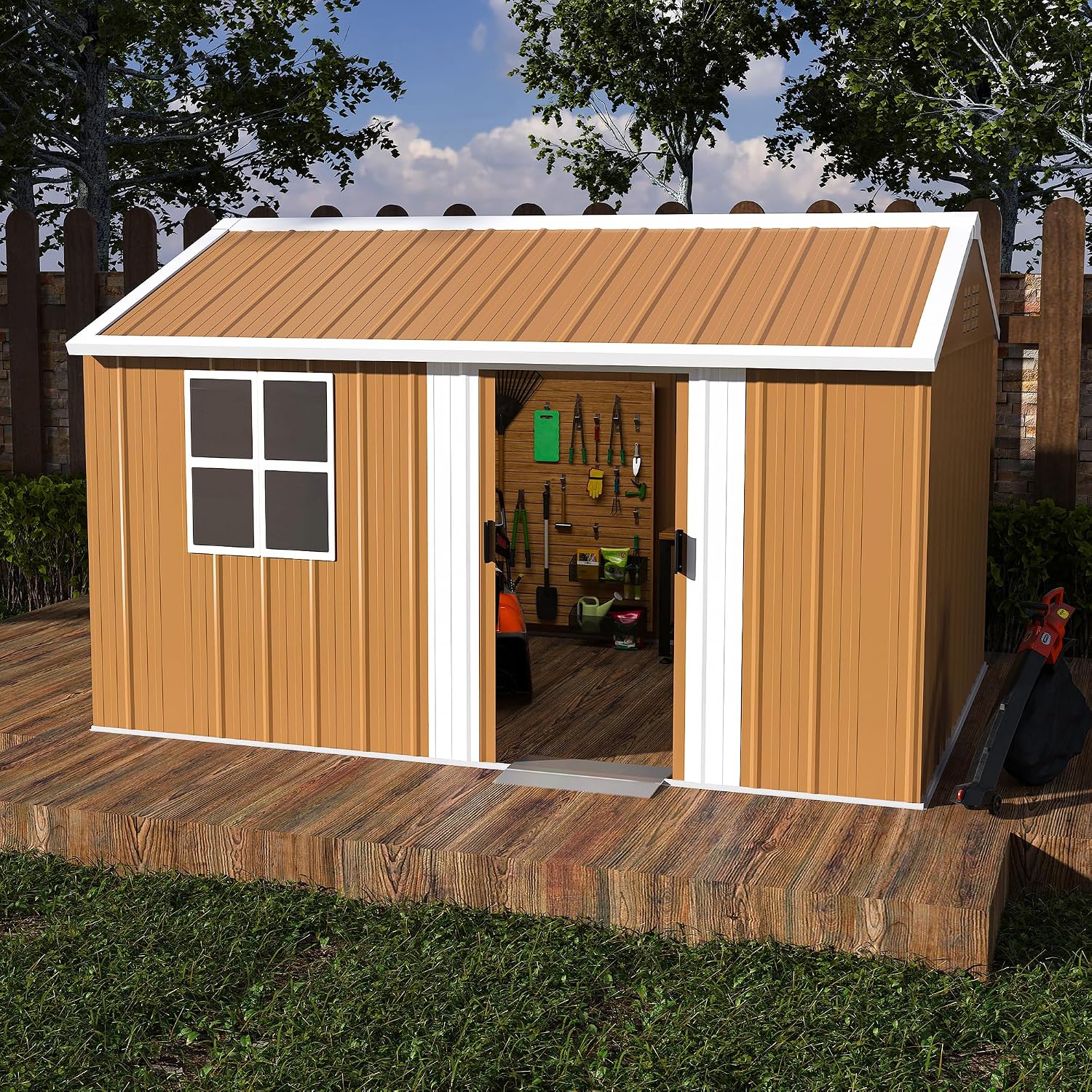 12x8 FT Heavy-Duty Metal Tool Shed with Windows, Lockable Door & Ventilation, Weatherproof Outdoor Garden Storage Shed for Backyard, Lawn, and Tool Organization, Brown