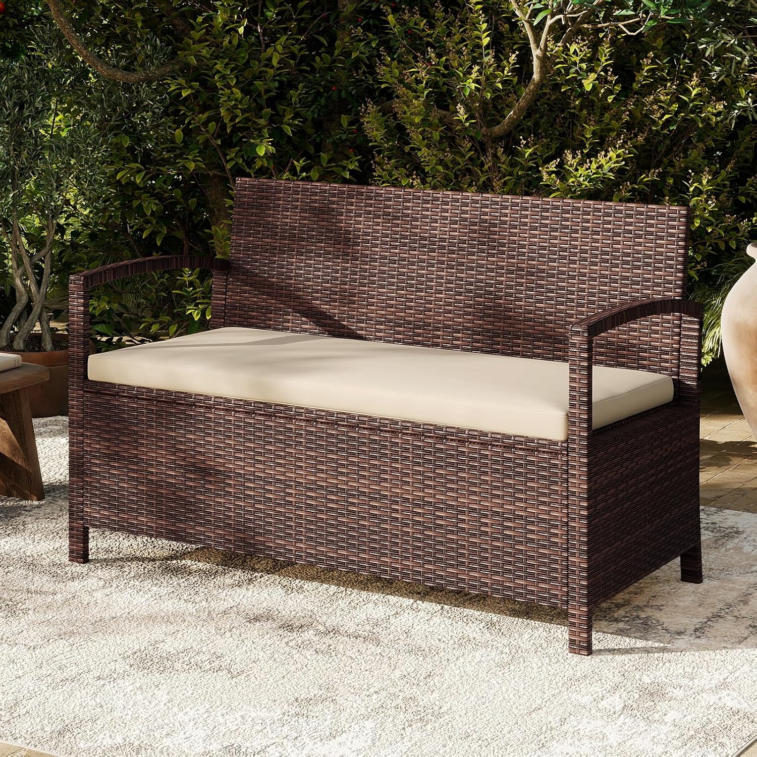 Tangkula 42 Gallon Outdoor Bench with Storage, Outdoor PE Rattan Storage Bench with Cushion, Backrest & Acacia Wood Armrests, Metal Frame, Waterproof Deck Box Seat for Porch Backyard Poolside