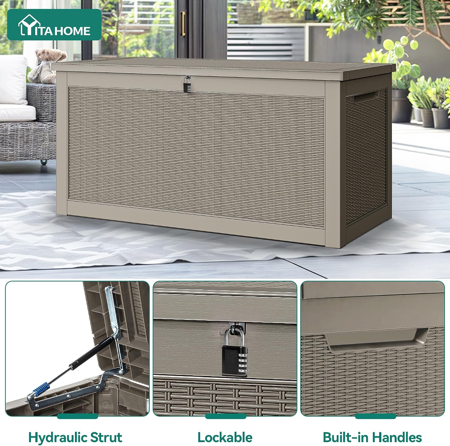 YITAHOME XXL 320 Gal Large Deck Box, Outdoor Resin Storage Box, Rattan Storage Container for Patio Furniture, Garden Tools, Waterproof, Lockable (Brown)