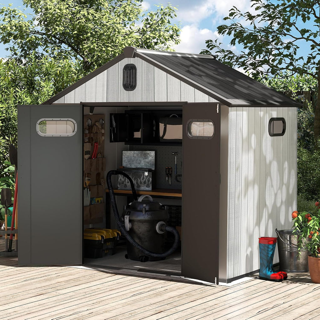 Domi 8x6 FT Outdoor Resin Storage Shed, All-Weather Double-Wall Storage Building for Backyard, Garden, Lawn Tools, Mower, Bike & Pool Equipment, Lockable Doors, Ventilated Roof, Grey