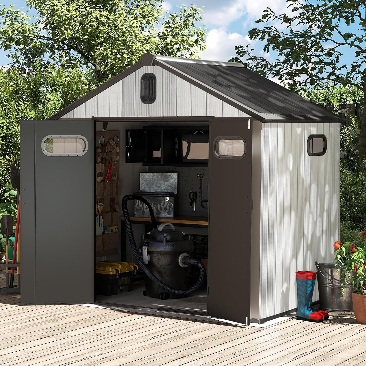 Domi 8x6 FT Outdoor Resin Storage Shed, All-Weather Double-Wall Storage Building for Backyard, Garden, Lawn Tools, Mower, Bike & Pool Equipment, Lockable Doors, Ventilated Roof, Grey