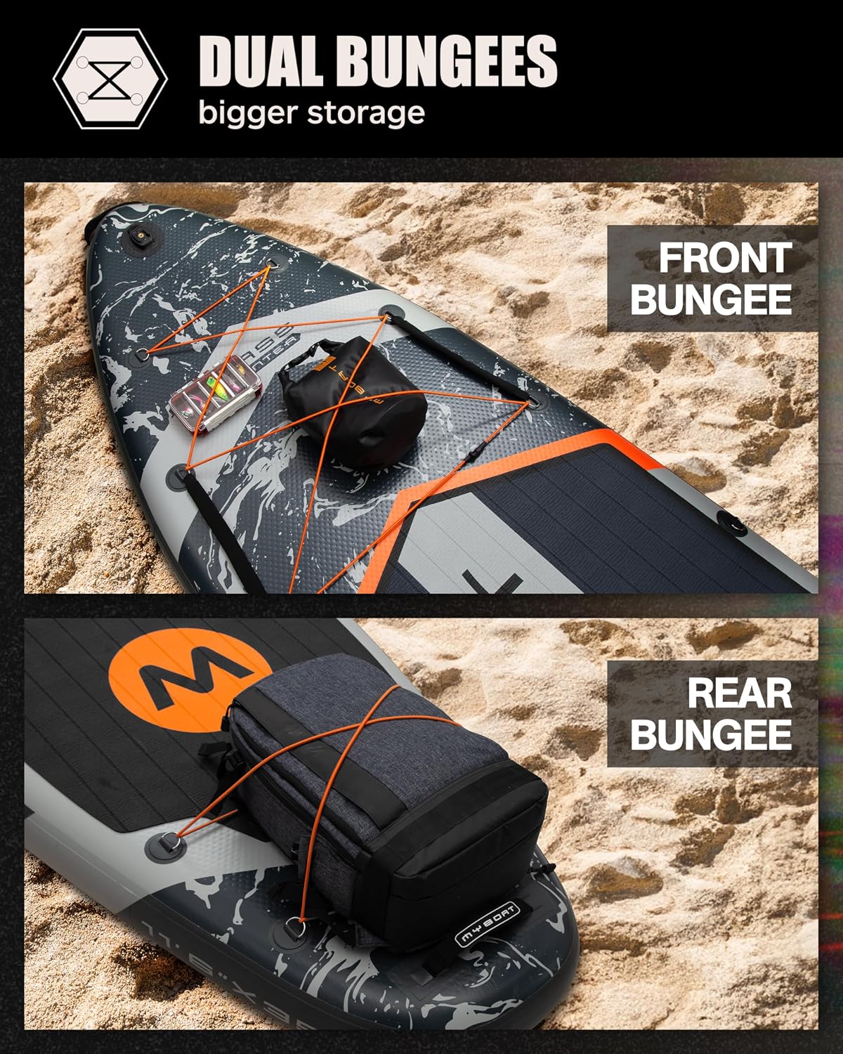 MYBOAT 11'6'×34'×6' Extra Wide Inflatable Paddle Board, Stand Up Paddle Board for Fishing, Sup Board with 3 Removable Fins, Dual Bungees, Camera Mount, Hand Pump, Strong Paddle,Leash