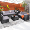 KROFEM 8-Piece Patio Furniture Set, Outdoor Wicker Rattan Sectional with Thick Cushions, Glass Top Table with Hidden Storage, Outdoor Conversation Set for Backyard, Porch, Patio, Black and Grey