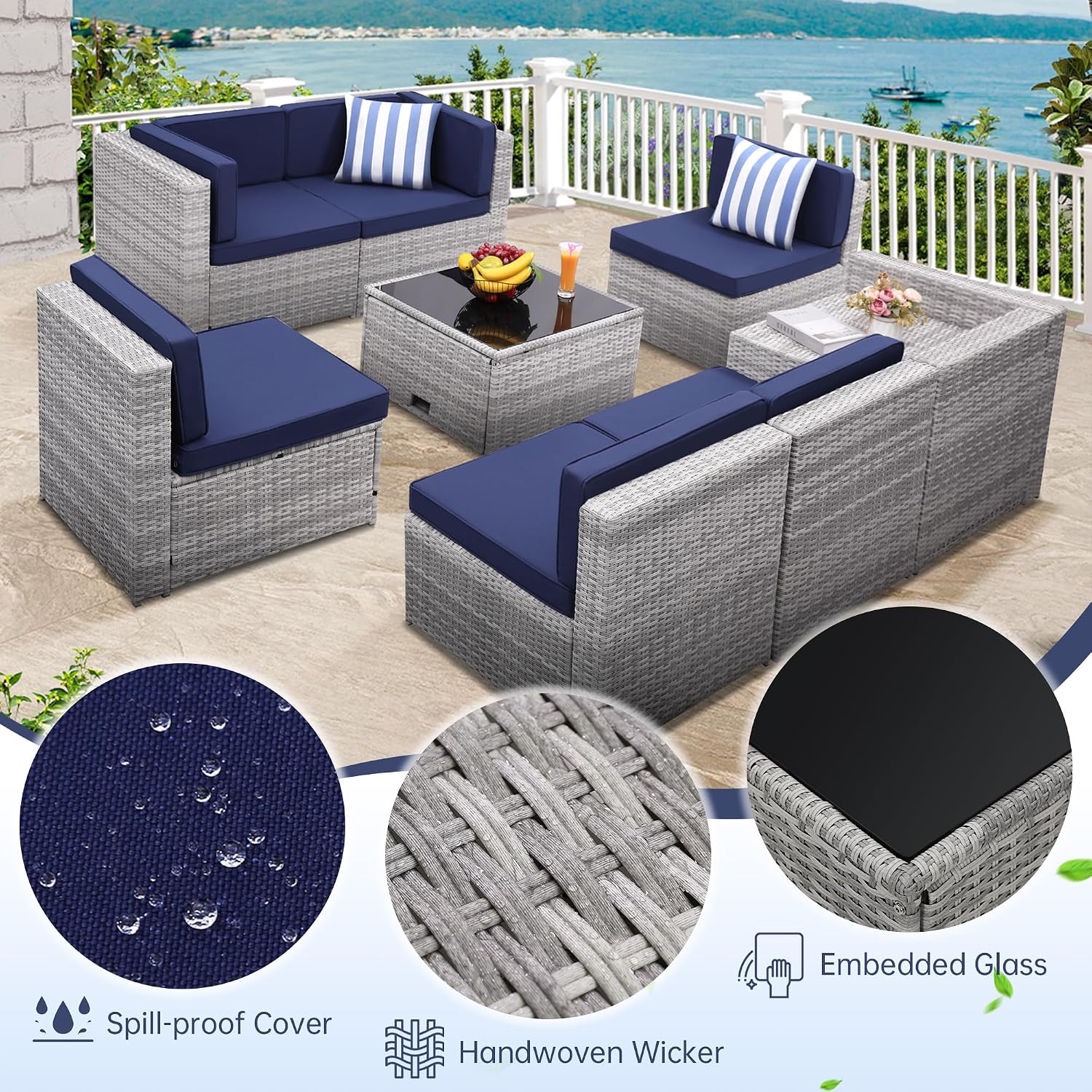 KROFEM 8-Piece Patio Furniture Set, Outdoor Wicker Rattan Sectional with Thick Cushions, Glass Top Table with Hidden Storage, Outdoor Conversation Set for Backyard, Porch, Patio, Blue