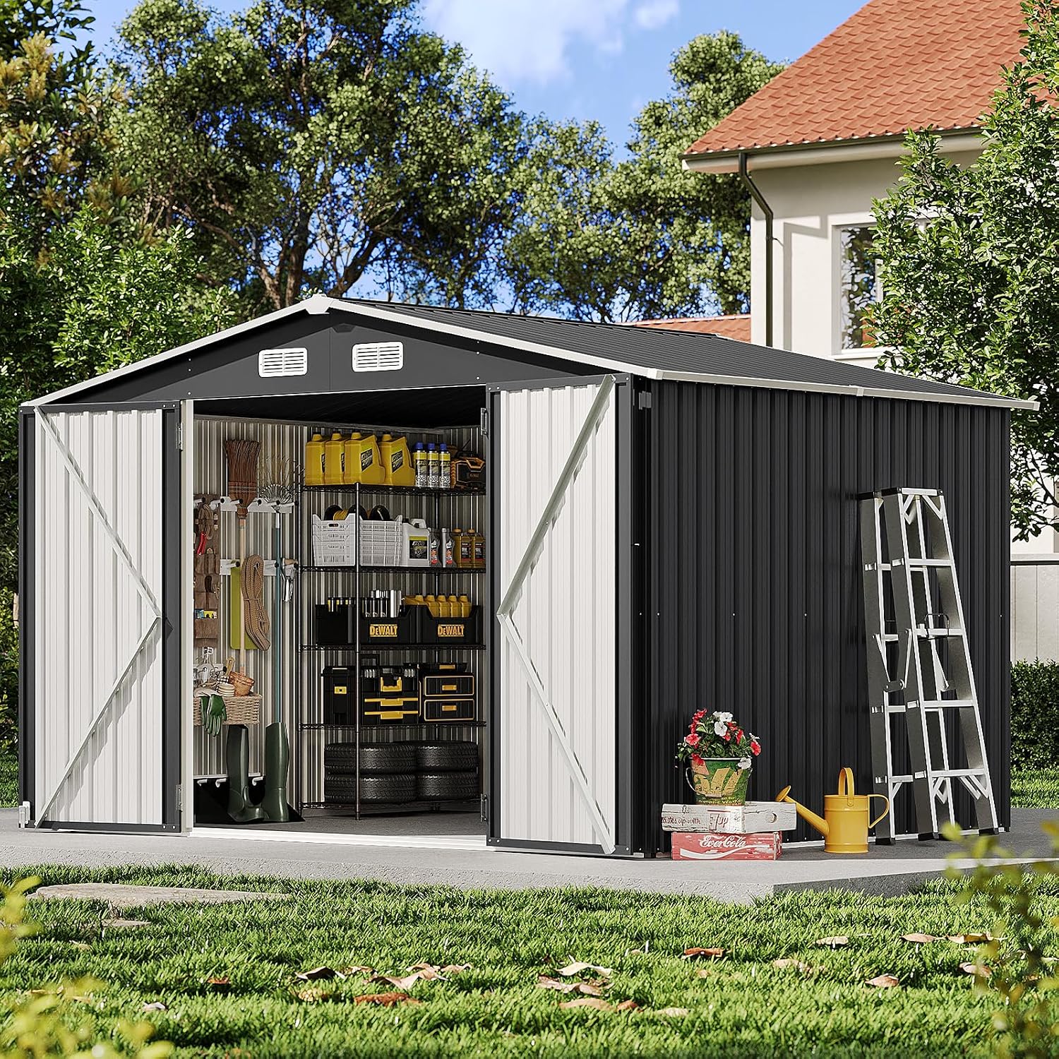 10x8FT Outdoor Storage Shed, Metal Garden Shed with Lockable Double Doors & Sloping Roof, Weather-Resistant Tool Shed for Backyard, Patio, Poolside Black