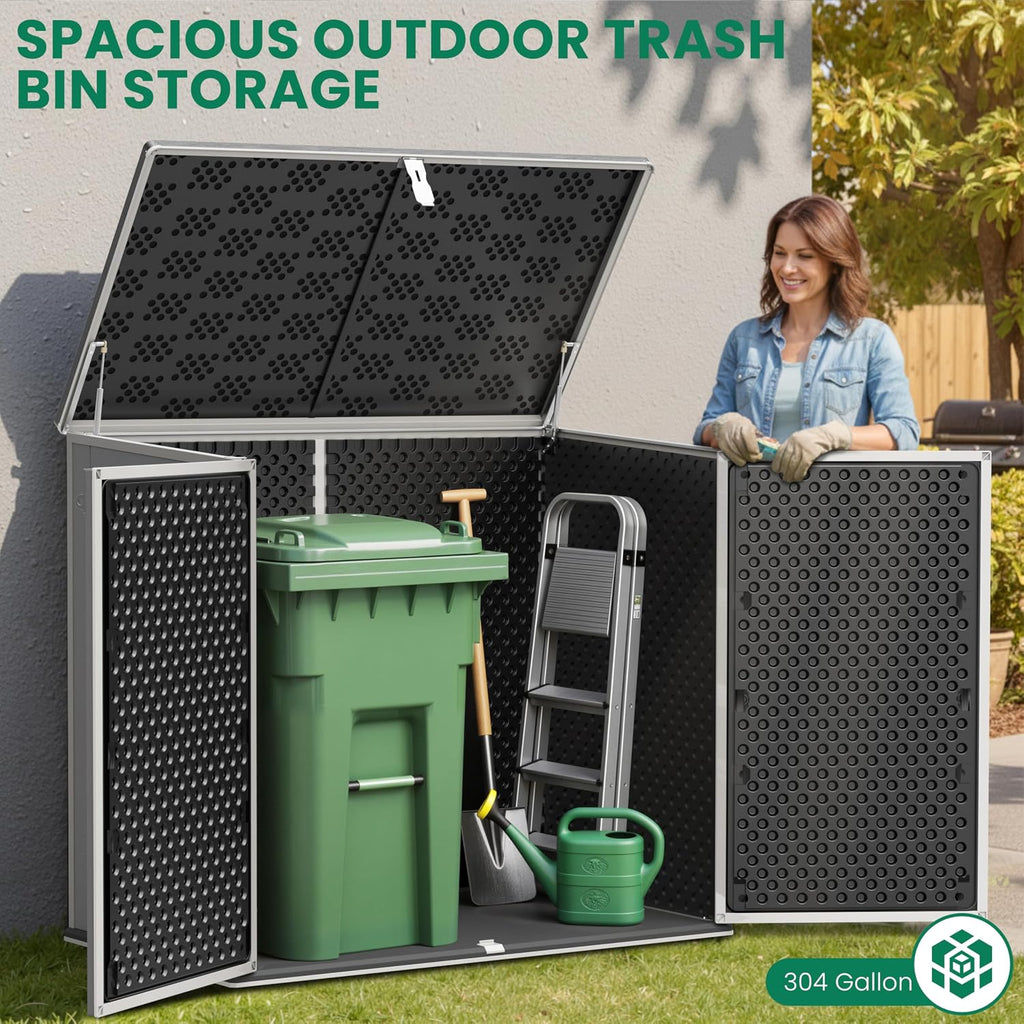 Horizontal Outdoor Trash Can Storage Shed, 304 Gallon Resin Garbage Can Storage Shed with Lockable Doors & Lift Lid, Waterproof Bin Shed for Backyard, Patio & Garden (Gray)